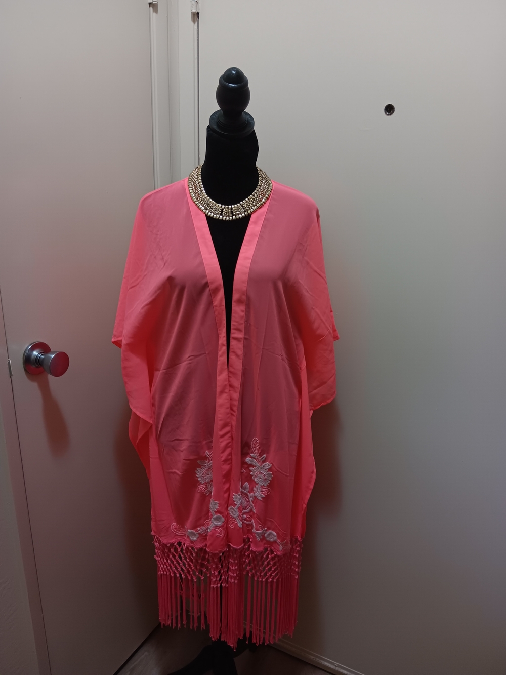 Coral Pink Embroidered Swim Cover-Up Kimono with Fringe